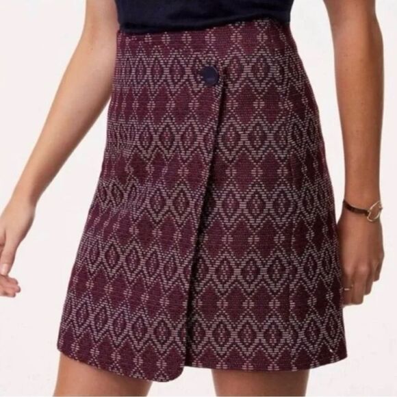 Loft Burgundy Diamond Tweed Button Wrap Skirt - Picture 1 of 11